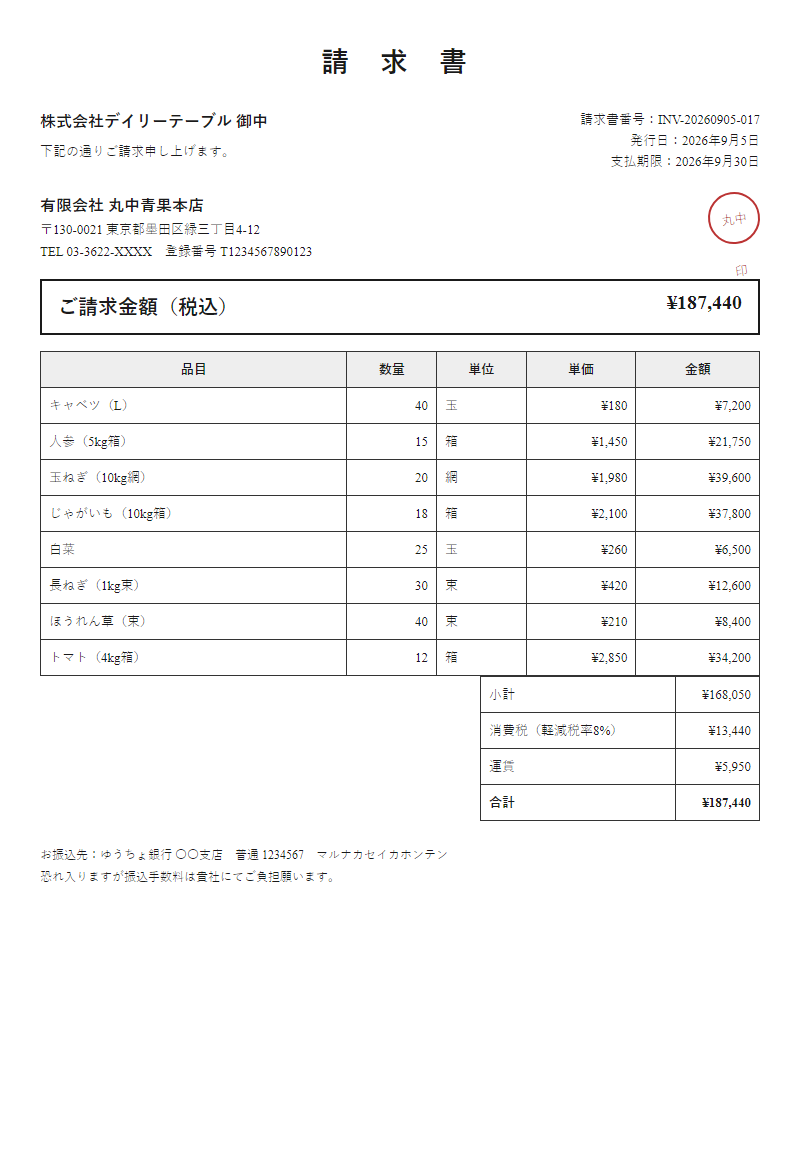 罫線表形式の請求書サンプル